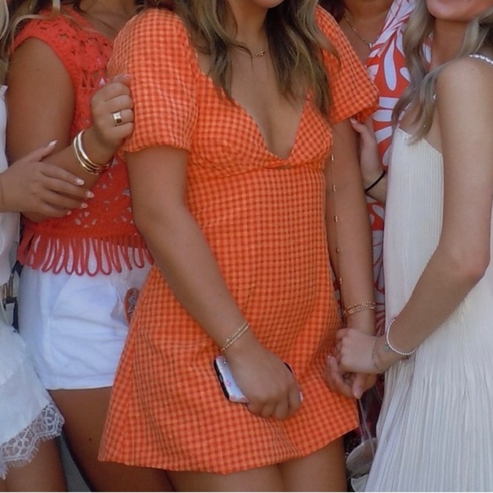 Orange Gingham Puff Sleeve Dress
